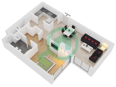 المخططات الطابقية لتصميم النموذج A شقة 1 غرفة نوم - برج دي إي سي 2