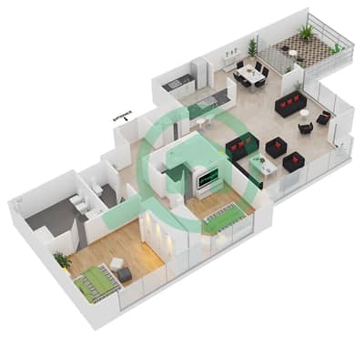 المخططات الطابقية لتصميم التصميم 04 / FLOOR 9 شقة 2 غرفة نوم - المجرة 3