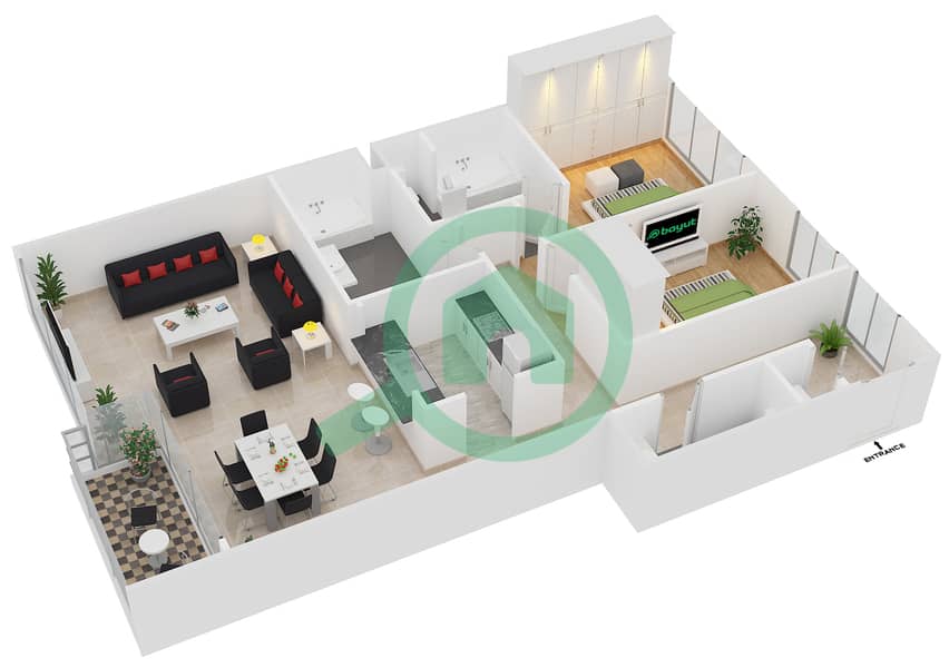 Аль Маджара 3 - Апартамент 2 Cпальни планировка Гарнитур, анфилиада комнат, апартаменты, подходящий 03 / FLOOR 1-8 Floor 1-8 image3D