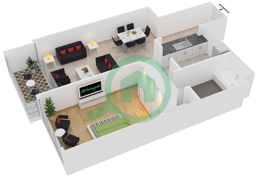 Аль Маджара 3 - Апартамент 1 Спальня планировка Гарнитур, анфилиада комнат, апартаменты, подходящий 02 / FLOOR 1-8 Floor 1-8 image3D
