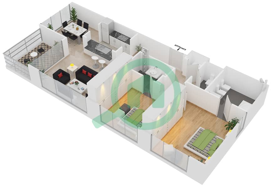 Аль Маджара 3 - Апартамент 2 Cпальни планировка Гарнитур, анфилиада комнат, апартаменты, подходящий 01 / FLOOR 1-8 Floor 1-8 image3D