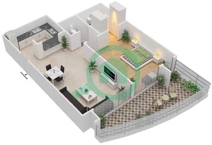 المخططات الطابقية لتصميم النموذج F شقة 1 غرفة نوم - برج سكالا
