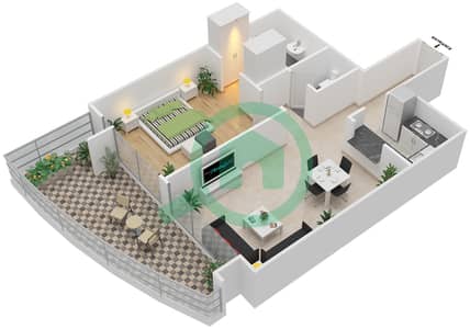 المخططات الطابقية لتصميم النموذج E شقة 1 غرفة نوم - برج سكالا