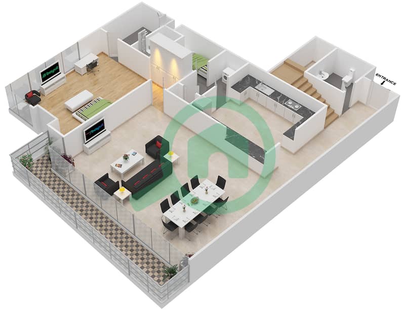 浪潮公寓 - 4 卧室联排别墅单位P1戶型图 Lower Floor image3D