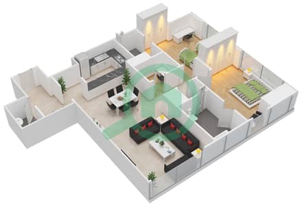 天门2号大厦 - 2 卧室公寓单位1,8 FLOOR 7-19戶型图