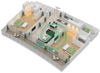 المخططات الطابقية لتصميم النموذج 4 شقة 2 غرفة نوم - اوشن سكيب