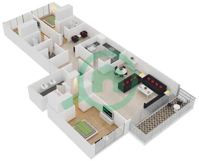 المخططات الطابقية لتصميم الوحدة B شقة 3 غرف نوم - أوشيانا أجيان