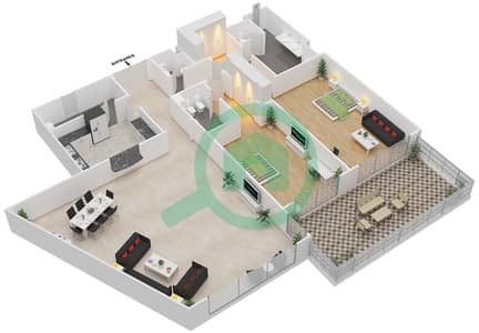 المخططات الطابقية لتصميم الوحدة C3 شقة 2 غرفة نوم - رافلز النخلة دبي