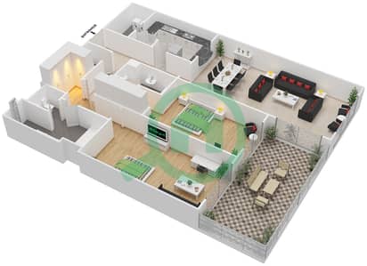 المخططات الطابقية لتصميم الوحدة A2 شقة 2 غرفة نوم - رافلز النخلة دبي