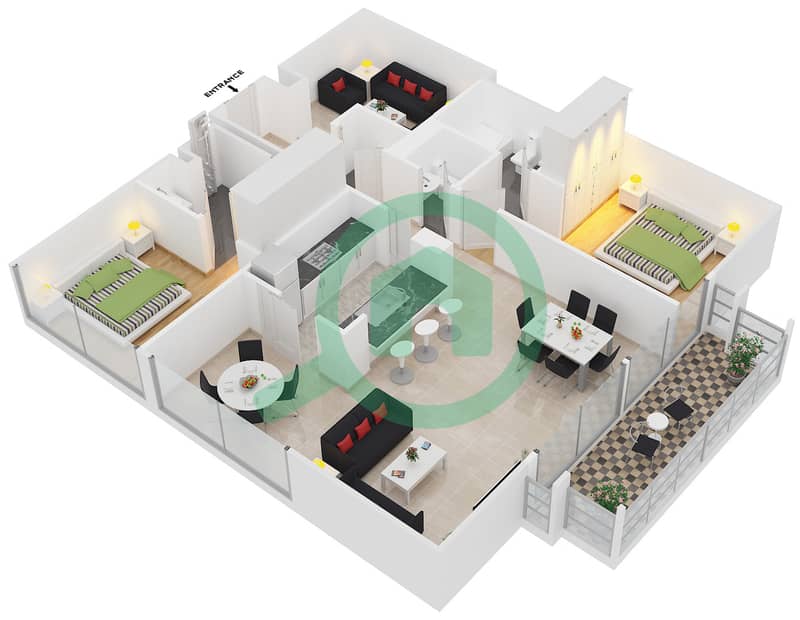 المخططات الطابقية لتصميم التصميم 5 شقة 2 غرفة نوم - السمر 1 Floor 1-4 image3D