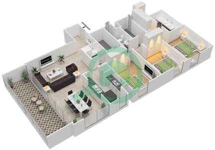 المخططات الطابقية لتصميم الوحدة 1 FLOOR 2-14,16-35 شقة 3 غرف نوم - بوابة هاربور