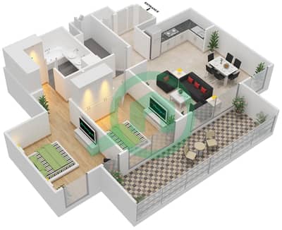 المخططات الطابقية لتصميم الوحدة 8,9 FLOOR 1-14,16-23 شقة 2 غرفة نوم - بوابة هاربور