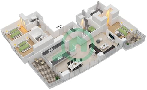 المخططات الطابقية لتصميم الوحدة 2 FLOOR 3-15,17-34 شقة 3 غرف نوم - مساكن خور دبي 1 شمال