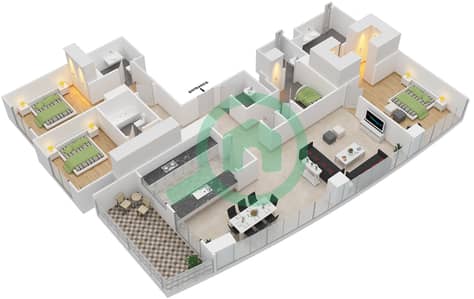 المخططات الطابقية لتصميم الوحدة 2 FLOOR 35-37 شقة 3 غرف نوم - مساكن خور دبي 1 شمال