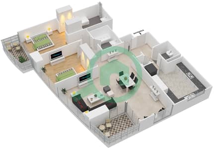 المخططات الطابقية لتصميم الوحدة 3/FLOOR 3-15,17-34 شقة 2 غرفة نوم - مساكن خور دبي 1 شمال