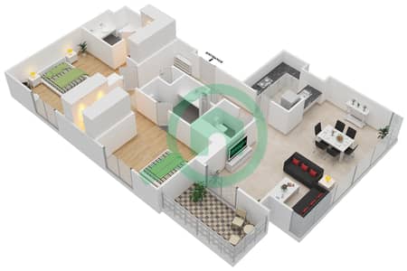 المخططات الطابقية لتصميم الوحدة 1/FLOOR 6-26,35-37 شقة 2 غرفة نوم - مساكن خور دبي 1 شمال