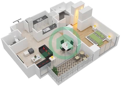 المخططات الطابقية لتصميم الوحدة 5 FLOOR 4-15,17-37 شقة 1 غرفة نوم - مساكن خور دبي 1 شمال
