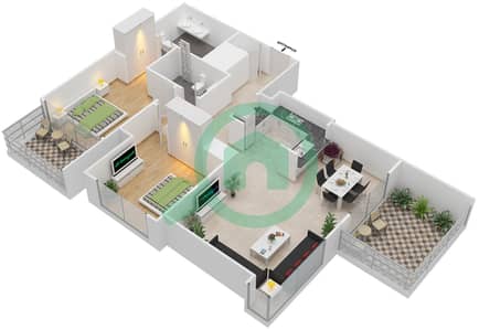 المخططات الطابقية لتصميم الوحدة 1 شقة 2 غرفة نوم - كريك رايز