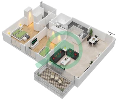 المخططات الطابقية لتصميم الوحدة 4 شقة 2 غرفة نوم - ذا لينكس البرج الشرقي