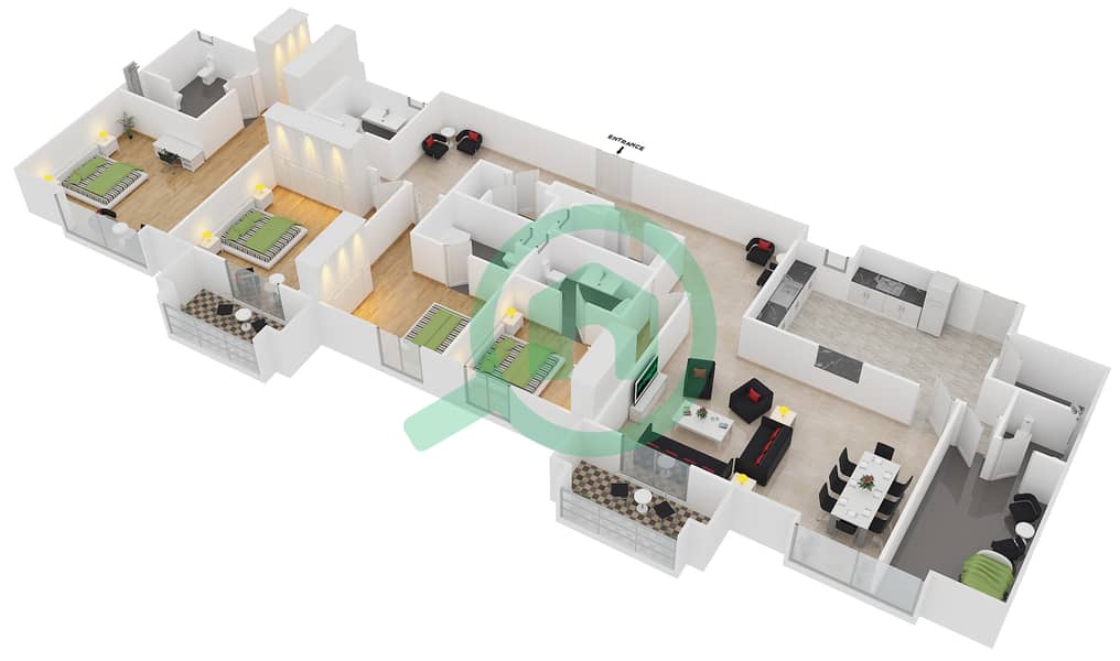 瑞玛6号楼 - 4 卧室公寓单位P02戶型图 image3D