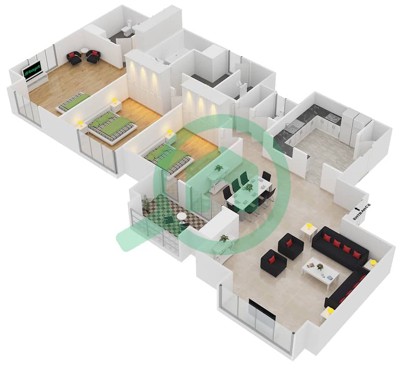 المخططات الطابقية لتصميم الوحدة P01 شقة 3 غرف نوم - رمال 6 image3D