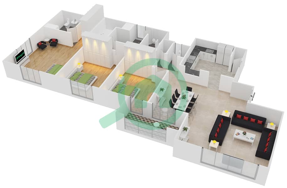 المخططات الطابقية لتصميم الوحدة 30 شقة 3 غرف نوم - رمال 4 image3D