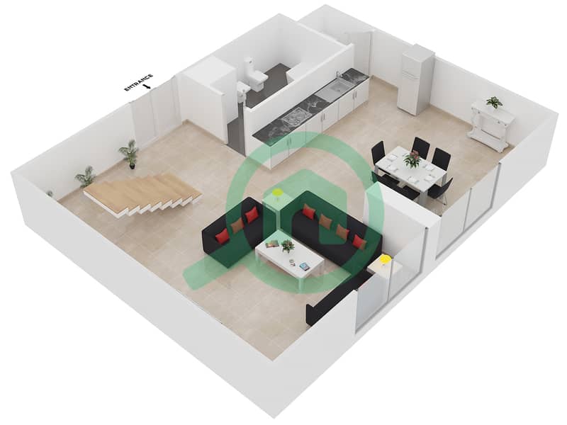 Shams 1 - 1 Bedroom Apartment Unit L04U Floor plan Lower Floor image3D