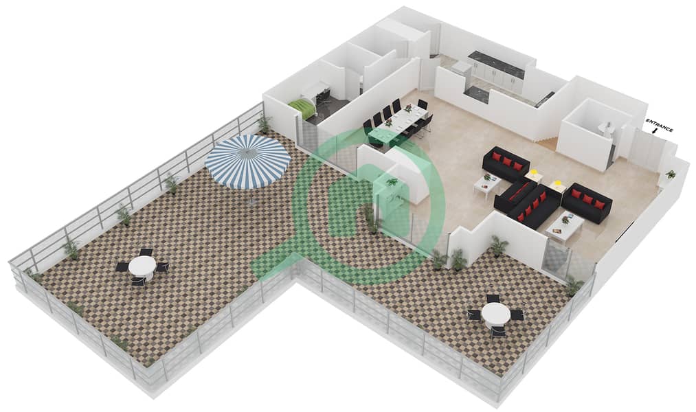 المخططات الطابقية لتصميم الوحدة LP03 شقة 3 غرف نوم - امواج 4 Lower Floor image3D