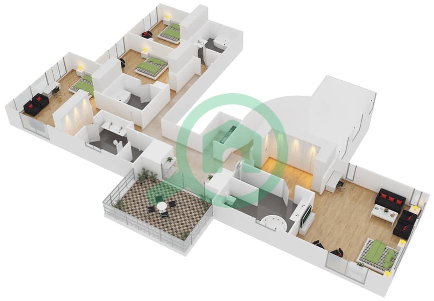 瑞玛1号楼 - 4 卧室顶楼公寓单位PB戶型图 Upper Floor image3D