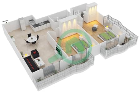المخططات الطابقية لتصميم الوحدة T-10 شقة 2 غرفة نوم - مساكن لولينا