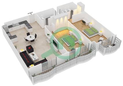 المخططات الطابقية لتصميم الوحدة T-08 شقة 2 غرفة نوم - مساكن لولينا