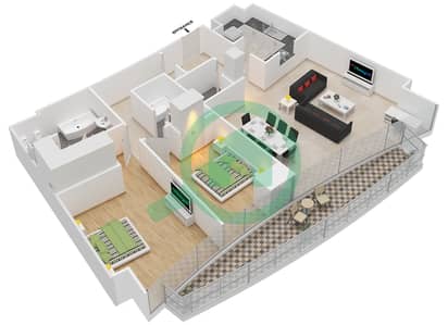 المخططات الطابقية لتصميم الوحدة 5 شقة 2 غرفة نوم - العنوان ريزدينسز سكاي فيو 2