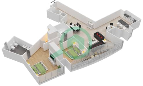 المخططات الطابقية لتصميم الوحدة 1 شقة 2 غرفة نوم - العنوان ريزدينسز سكاي فيو 2