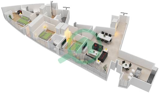 المخططات الطابقية لتصميم الوحدة 1 شقة 3 غرف نوم - العنوان ريزدينسز سكاي فيو 2
