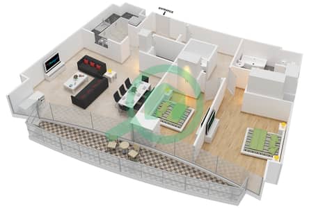 المخططات الطابقية لتصميم الوحدة 3-6 / FLOOR 4-15,17-43 شقة 2 غرفة نوم - العنوان ريزدينسز سكاي فيو 1