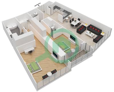 المخططات الطابقية لتصميم الوحدة 4 FLOOR 3,5 شقة 2 غرفة نوم - العنوان رزيدنس فاونتن فيوز 2