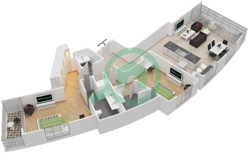 المخططات الطابقية لتصميم الوحدة 1,7 FLOOR 3,5,7,9 شقة 2 غرفة نوم - العنوان رزيدنس فاونتن فيوز 1