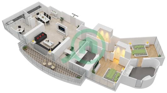 المخططات الطابقية لتصميم الوحدة 2C-1 FLOOR 49-56 شقة 2 غرفة نوم - فندق العنوان وسط المدينة