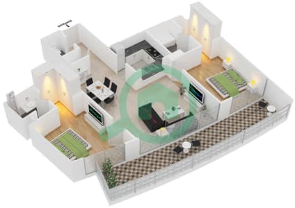 المخططات الطابقية لتصميم الوحدة 6 FLOOR 4-18 شقة 2 غرفة نوم - برج فيستا 2