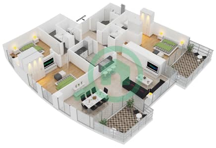 Burj Vista 1 - 3 Bedroom Apartment Unit 3 FLOOR 26,28,30,32,34,36 Floor plan