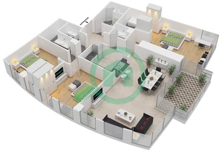 景观1号高塔 - 3 卧室公寓单位3 FLOOR 27,29,31,33,35,37戶型图