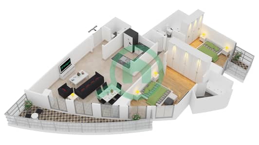 المخططات الطابقية لتصميم الوحدة 7 FLOOR 47-60 شقة 2 غرفة نوم - برج فيستا 1