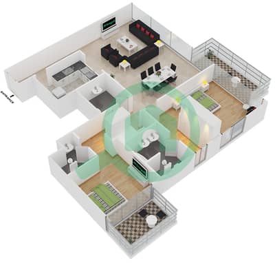 المخططات الطابقية لتصميم الوحدة 6 FLOOR 4-23 شقة 2 غرفة نوم - بوليفارد هايتس برج 1