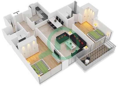 المخططات الطابقية لتصميم الوحدة 7 FLOOR 4-23 شقة 2 غرفة نوم - بوليفارد هايتس برج 2