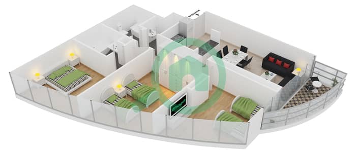 المخططات الطابقية لتصميم الوحدة 3 FLOOR 47 شقة 3 غرف نوم - ذا ديستنكشن