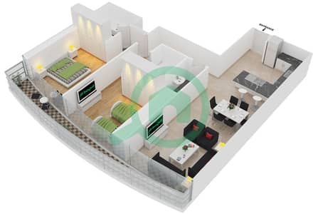المخططات الطابقية لتصميم الوحدة 2 FLOOR 7-24,26-46,48,49 شقة 2 غرفة نوم - ذا ديستنكشن