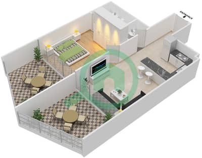 المخططات الطابقية لتصميم الوحدة 211 شقة 1 غرفة نوم - بن غاطي فيوز