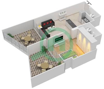 المخططات الطابقية لتصميم الوحدة 202 شقة 1 غرفة نوم - بن غاطي فيوز