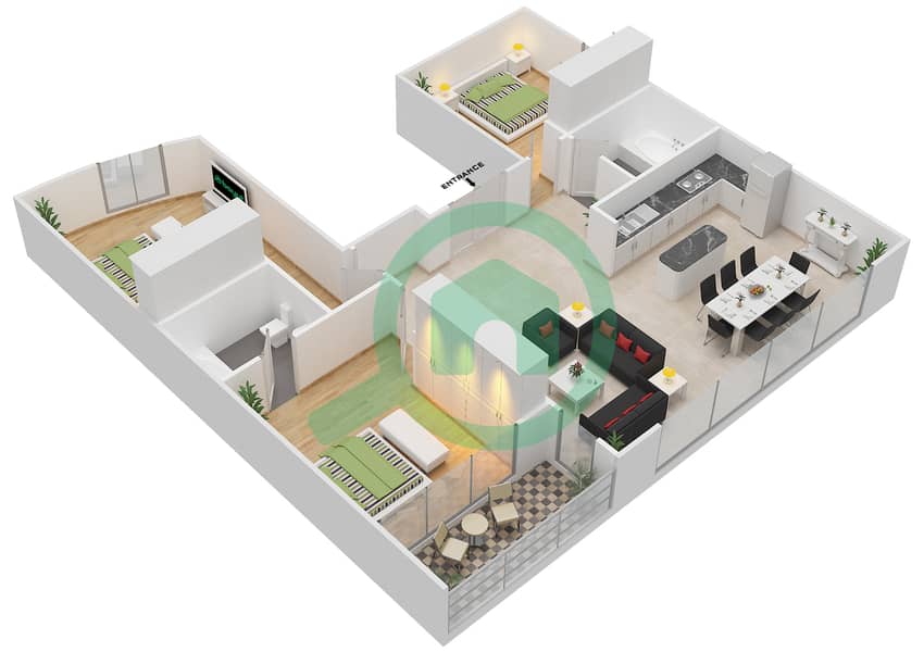 全景大厦 - 3 卧室联排别墅单位1,3戶型图 image3D
