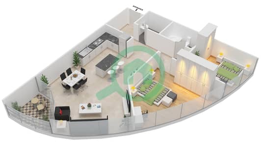 المخططات الطابقية لتصميم الوحدة 1,2 شقة 2 غرفة نوم - برج بانوراميك